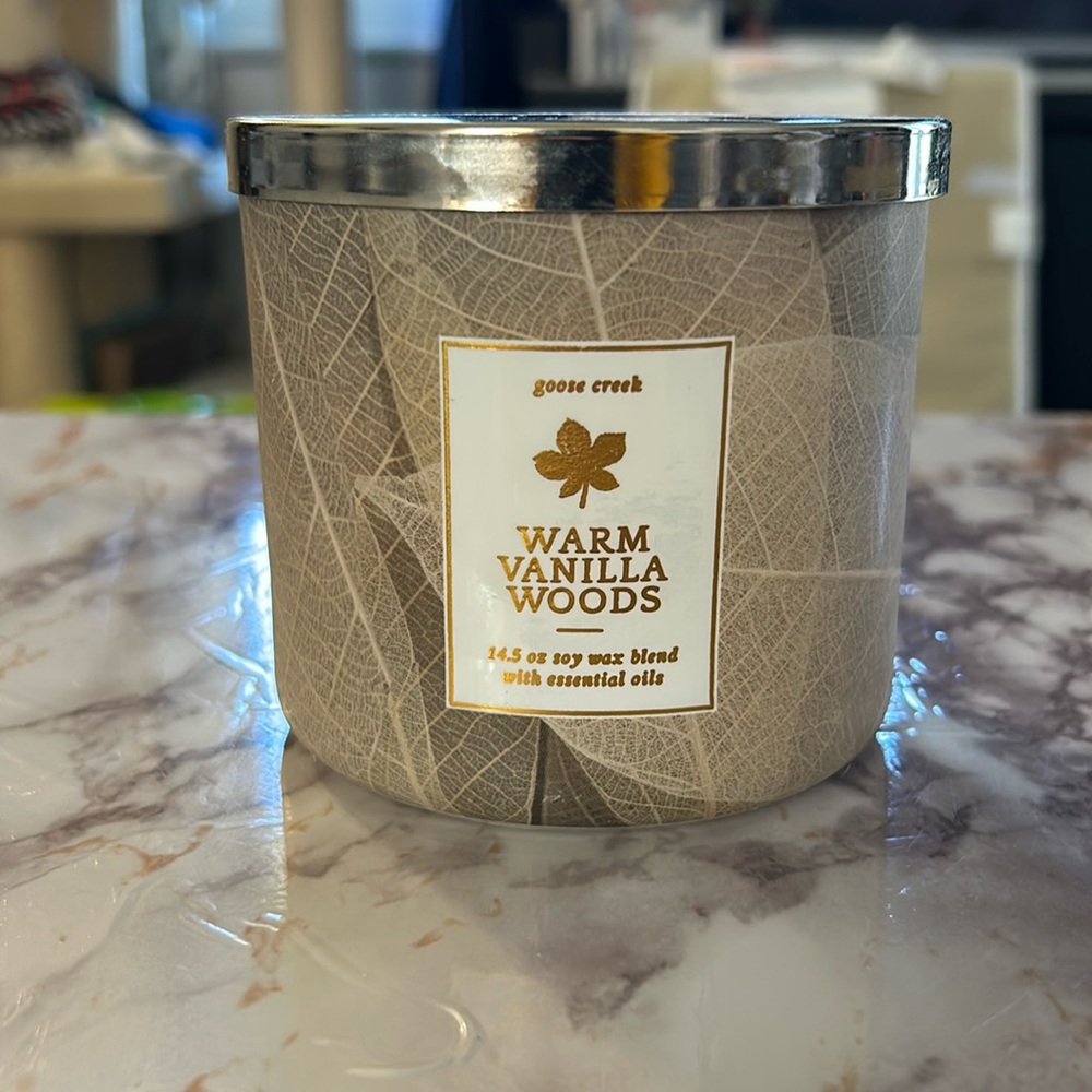 Brand new 14.5 ounce Goose Creek Candle “Warm Vanilla Woods” scented candle